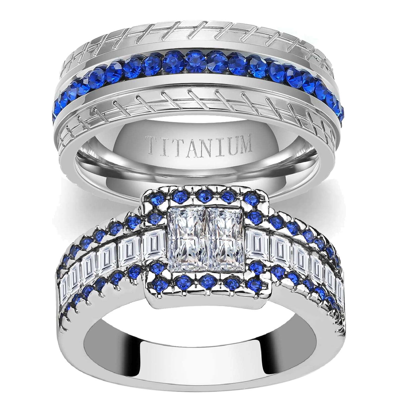 Matching Rings White Gold Plated Couple Rings Blue CZ Wedding Ring Sets