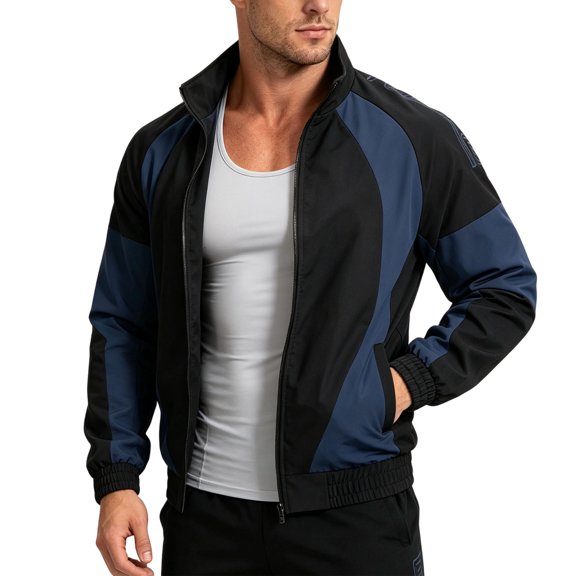 MXALUOB Men's Track Jackets Color Block Stand Collar Athletic Full Zip Windbreaker Raglan Sleeve Elastic Cuff Sports Outerwear for Running