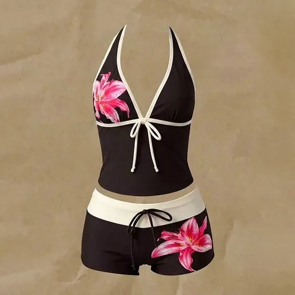 Womens Vintage 2 Pieces Bikini Set Coquette Halter Tankini Top with Boy Shorts Whimsy Polka Dot Beach Swimsuit Vacation Outfit