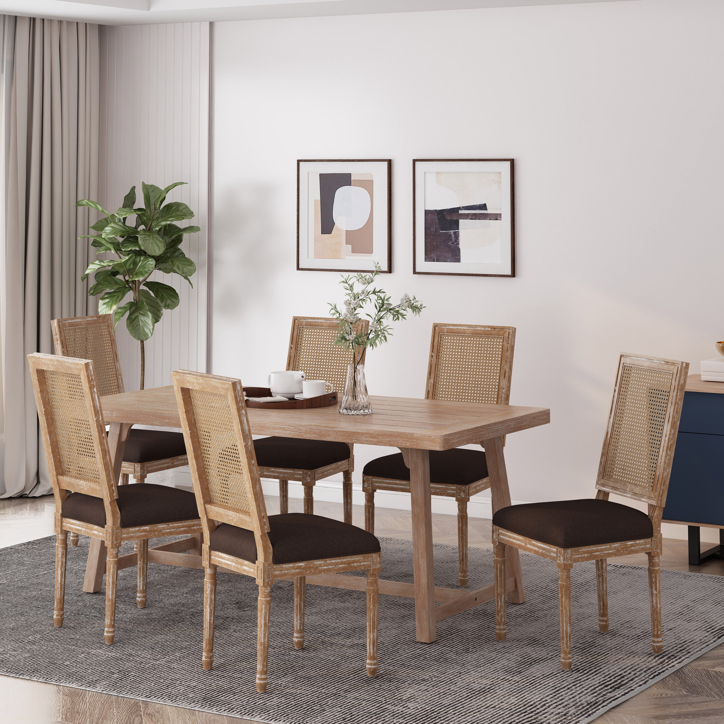 Noble House Beckstrom French Wood Upholstered Dining Chair, Set of 6, Brown, Natural