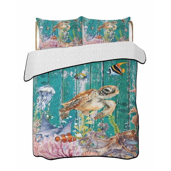Quilts Twin Size Bedding Set, Turtle Coastal Lightweight Quilted Comforter, Summer Beach Coral Seahorse Green Wooden Retro Soft Bedspread Coverlet with Pillow Covers for All Season, 68" x 86"