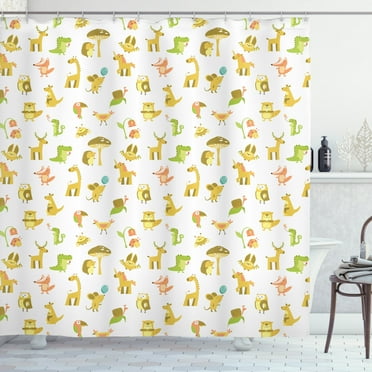 Animal Shower Curtain, Various Creatures Scattered Abstract Zoo Woodland Creatures on Plain Backdrop, Fabric Bathroom Set with Hooks, 69W X 84L Inches Extra Long, White Multicolor, by Ambesonne