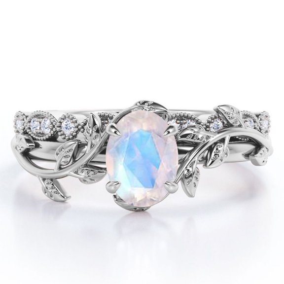 JeenMata Art Deco Filigree Milgrain - 1.5 Carat Egg Cut Blue Moonstone and Moissanite - Beautiful Leaf Bridal Ring Set - 18K White Gold Plating over Silver