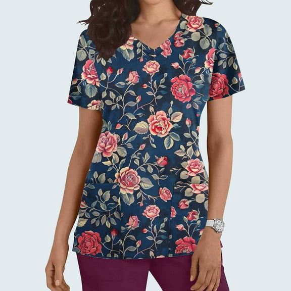 NTACZA Short Sleeve Trendy Tops for Women Blue V-Neck Scrub Dressy Pockets Floral Blouses Vest for Women L