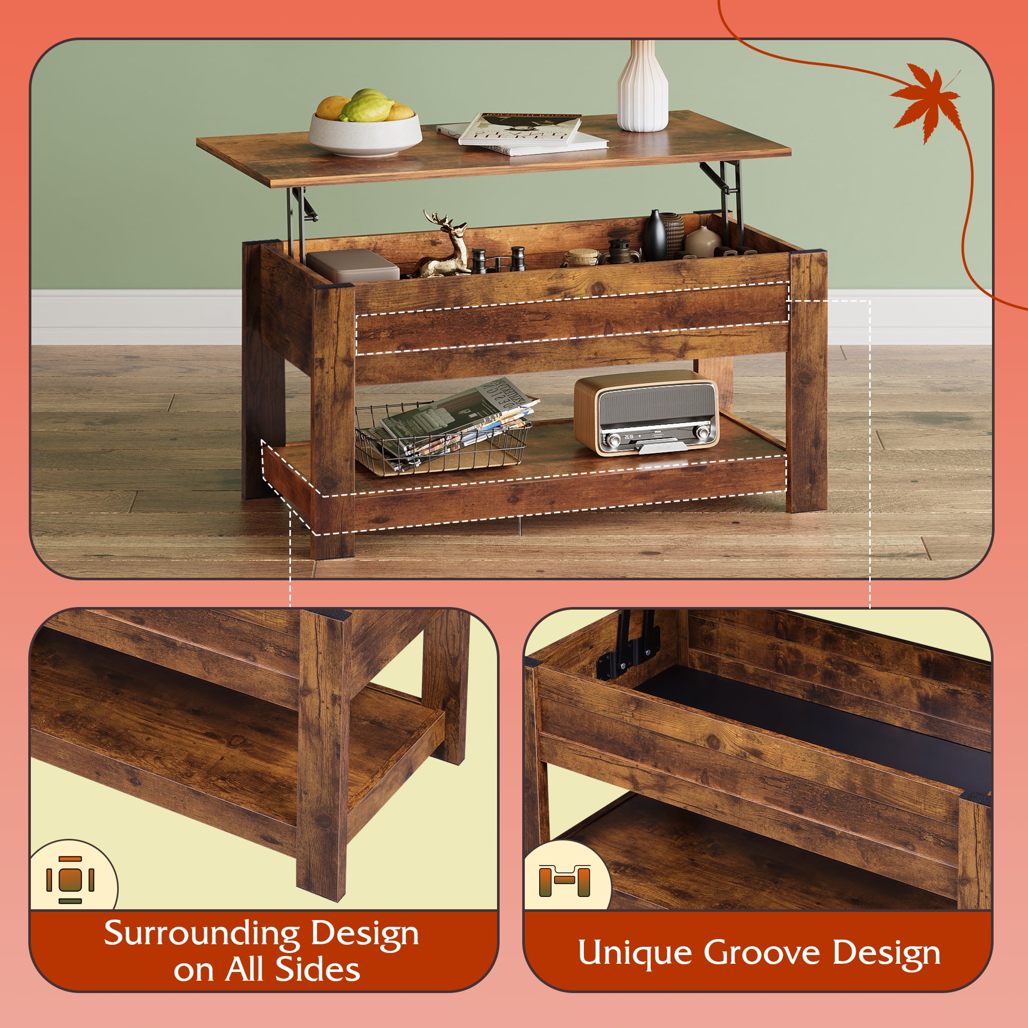 GALAXHERO 39" Lift Top Coffee Table with Hidden Storage and Storage Shelf Lift Up Coffee Table for Living Room Rustic Brown