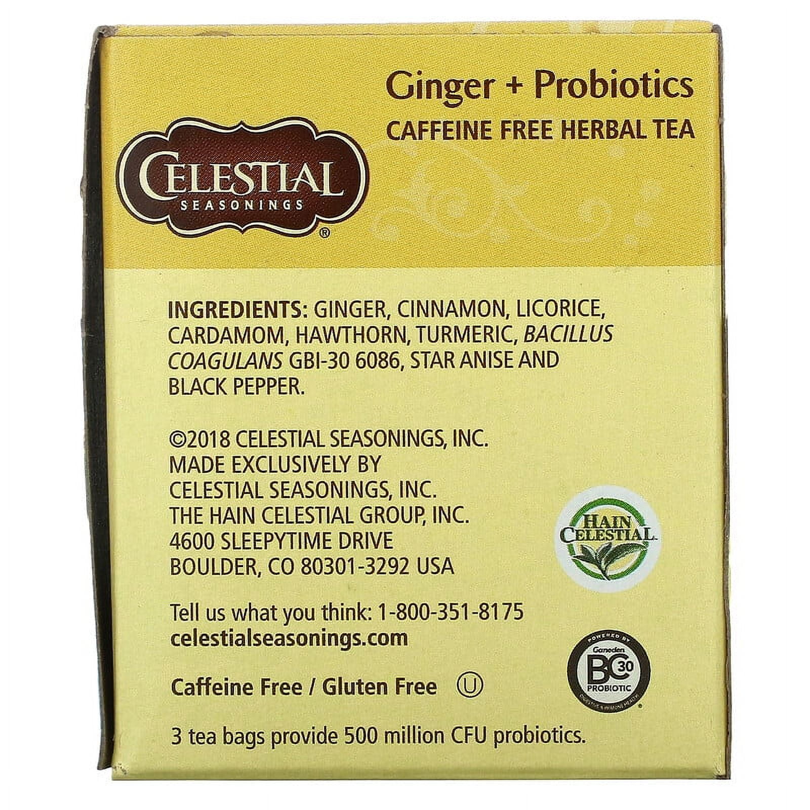 Celestial Seasonings, Herbal Tea, Ginger + Probiotics, Caffeine Free, 20 Tea Bags, 1.1 oz Pack of 3