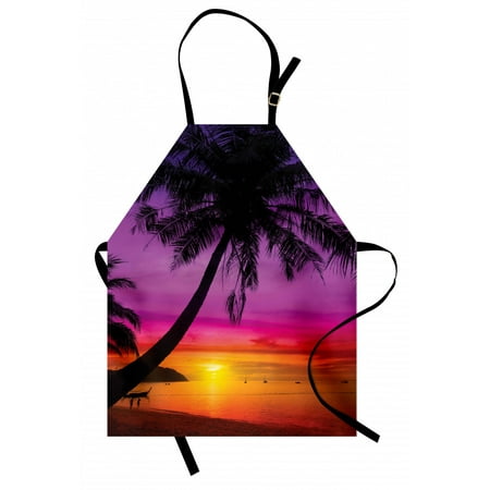 

Tropical Apron Palm Tree Silhouette on Beach at Sunset Summertime Travel Destination Unisex Kitchen Bib Apron with Adjustable Neck for Cooking Baking Gardening Purple Orange Black by Ambesonne