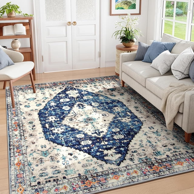 Lahome Boho Tribal Square 8x8 Area Rug, Blue Washable Bedroom Rug Dining Room Rugs for Under Table, Oriental Non Slip Non-Shedding Printed Floor Carpet for Living Room Nursery Home Office