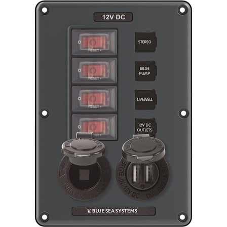Circuit Breaker Switch Panel 4 Position with 12V Socket & Dual USB, Gray