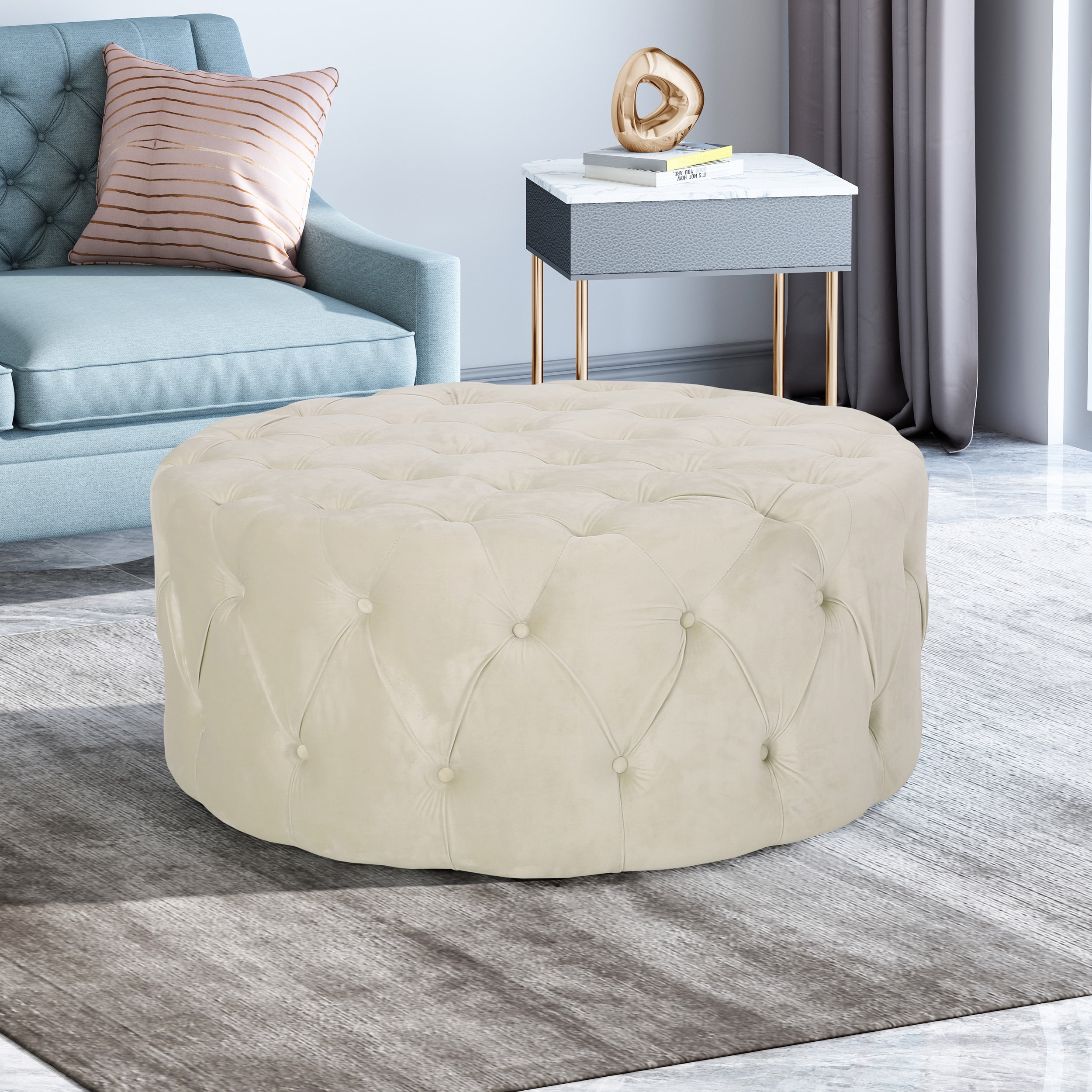 Noble House Vincent Modern Glam Round Tufted Velvet Ottoman, Beige