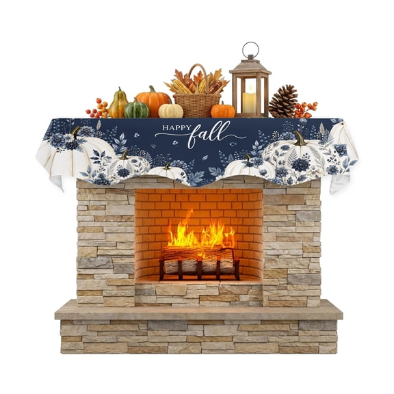 White Pumpkin Fall Fireplace Mantel Scarf Table Runner, Thanksgiving Roses Floral Navy Blue Winter Garland Mantel Top Tablerunners Dresser Scarves Cover Decorations for Party Living Room 90"x17"