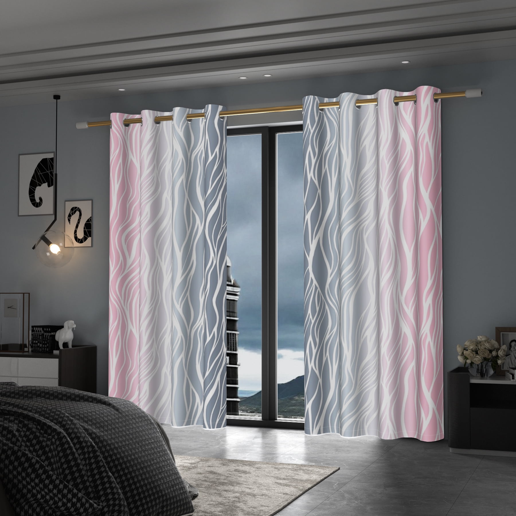 Lfeey Gradient Stripe Blackout Curtains, Grommet Curtains for Modern Living Room Bedroom, Gray Pink, 52x63 inch