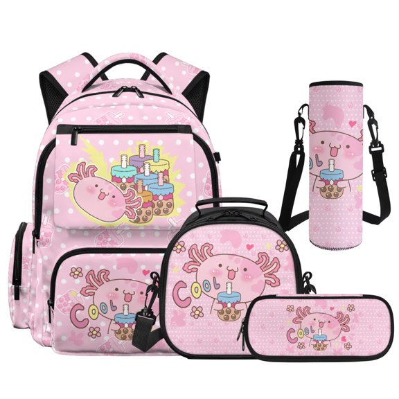 Yspwyqan Pink Boba Axolotl 4 Pcs Girls Backpack Set, Cute Kids School Bag with Lunch Bag Pencil Case Water Bottle Sleeve for Preschool Kindergarten Elementary