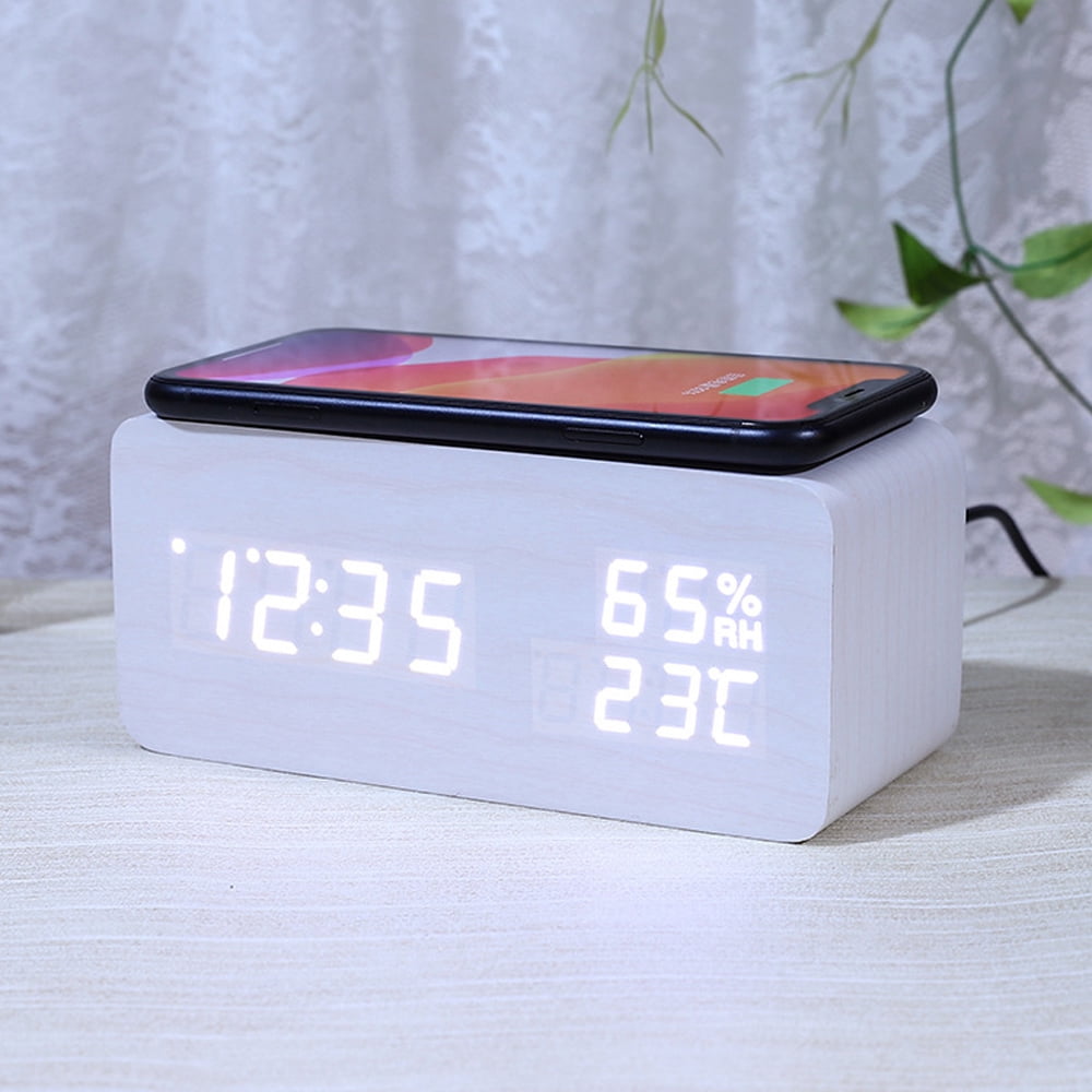 Digital Wooden Alarm Clock with Wireless Charging,Weekday/Weekend Mode, Wood LED Clocks for Bedroom, Bedside, Desk, Kids - White wood