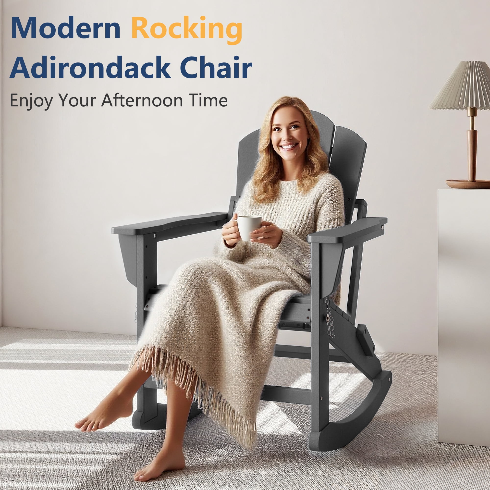 FOOWIN Folding Rocking Adirondack Chair, HDPE Plastic Rocking Chairs for Patio Porch Rocker Chair, Grey