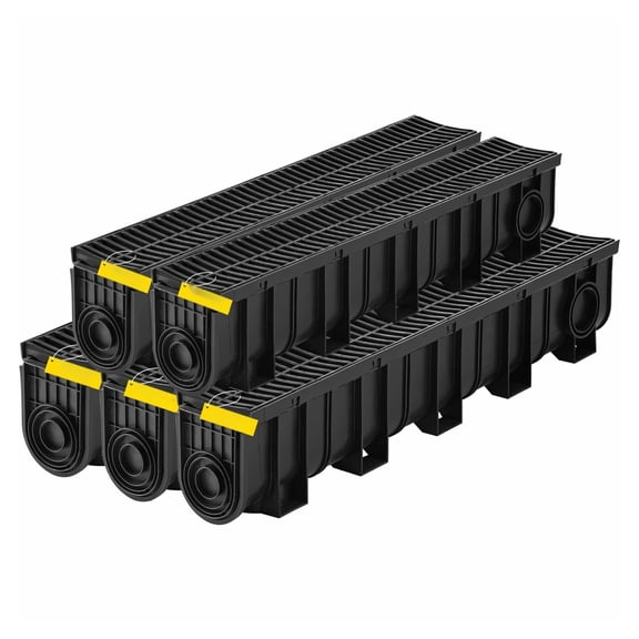 HDPE Trench Drain System with Grate, 5.9x7.5 Inch, 5 Pack, Black Plastic Channel Drain for Driveway, Garden, 39.4 Inch Length