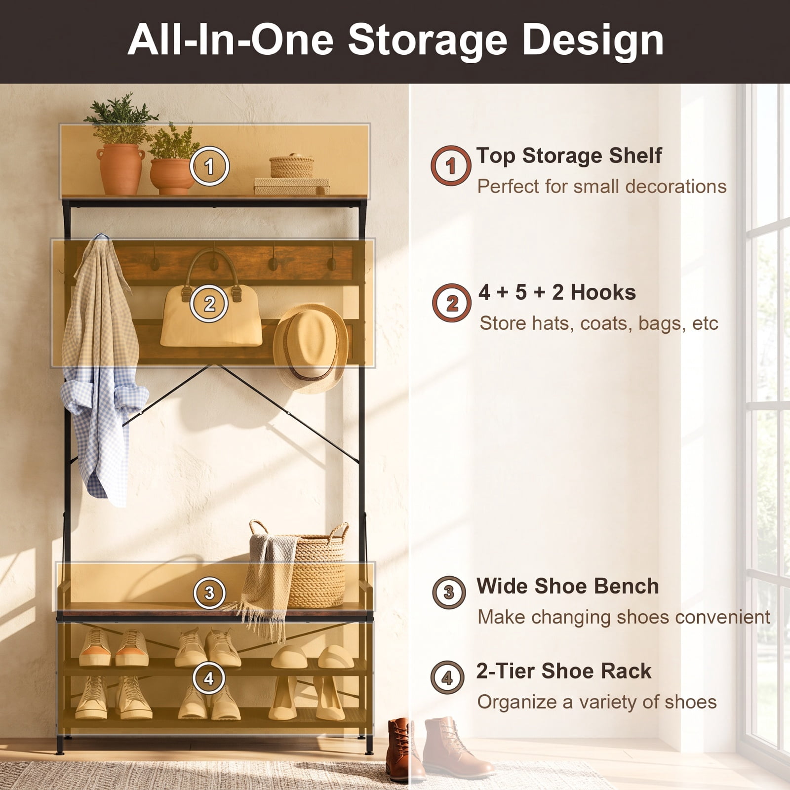 Furnibear 4 in 1 Hall Tree Coat Rack with 11 Hooks and Shoe Bench and Storage Shelf for Mudroom and Entryway, Rustic Brown