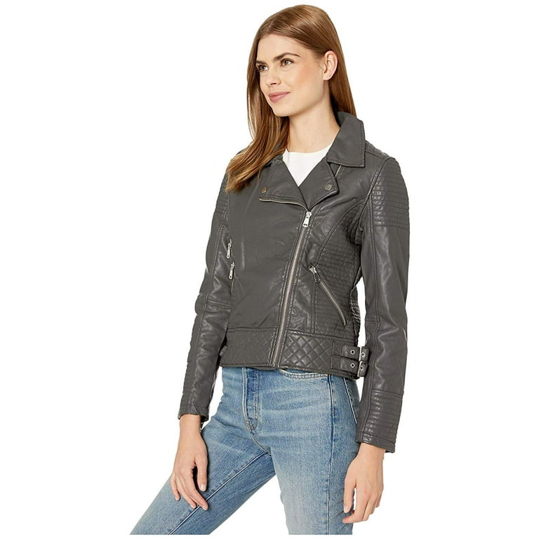 YMI Snobbish Faux Leather Jersey Lined Moto Jacket Charcoal Walmart