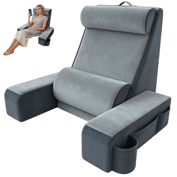 Yacona Reading Pillow for Bed, Back Pillow for Bed Sitting up, Back Support Chair with Side Pockets, Gray