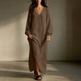 thumbnail image 4 of Guieoi Shift Dresses for Women 2026 Fall Long-Sleeve V-neck Cotton-Linen Split-Hem Dress Brown M, 4 of 7