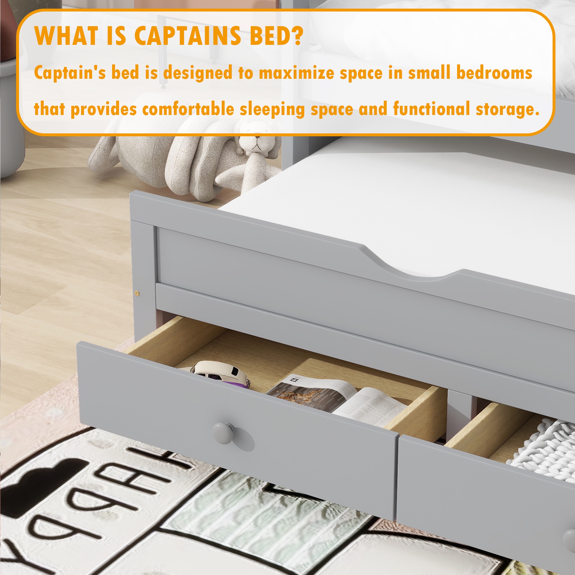 Bellemave Twin Size Platform Bed with Trundle and Storage Drawers Twin Captain’s Bed with Headboard and Footboard Storage Bed Frame (Gray)