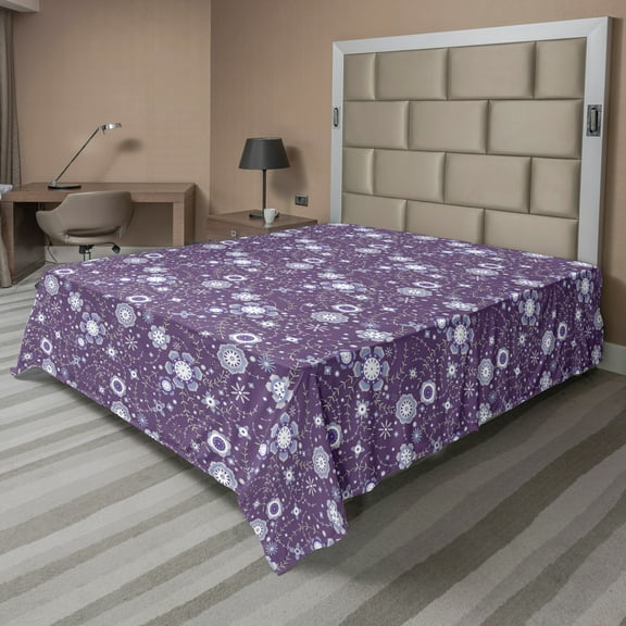Ambesonne Floral Flat Sheet, Flowers in Purple Tones Art, King Size, Pale Eggplant and Multicolor