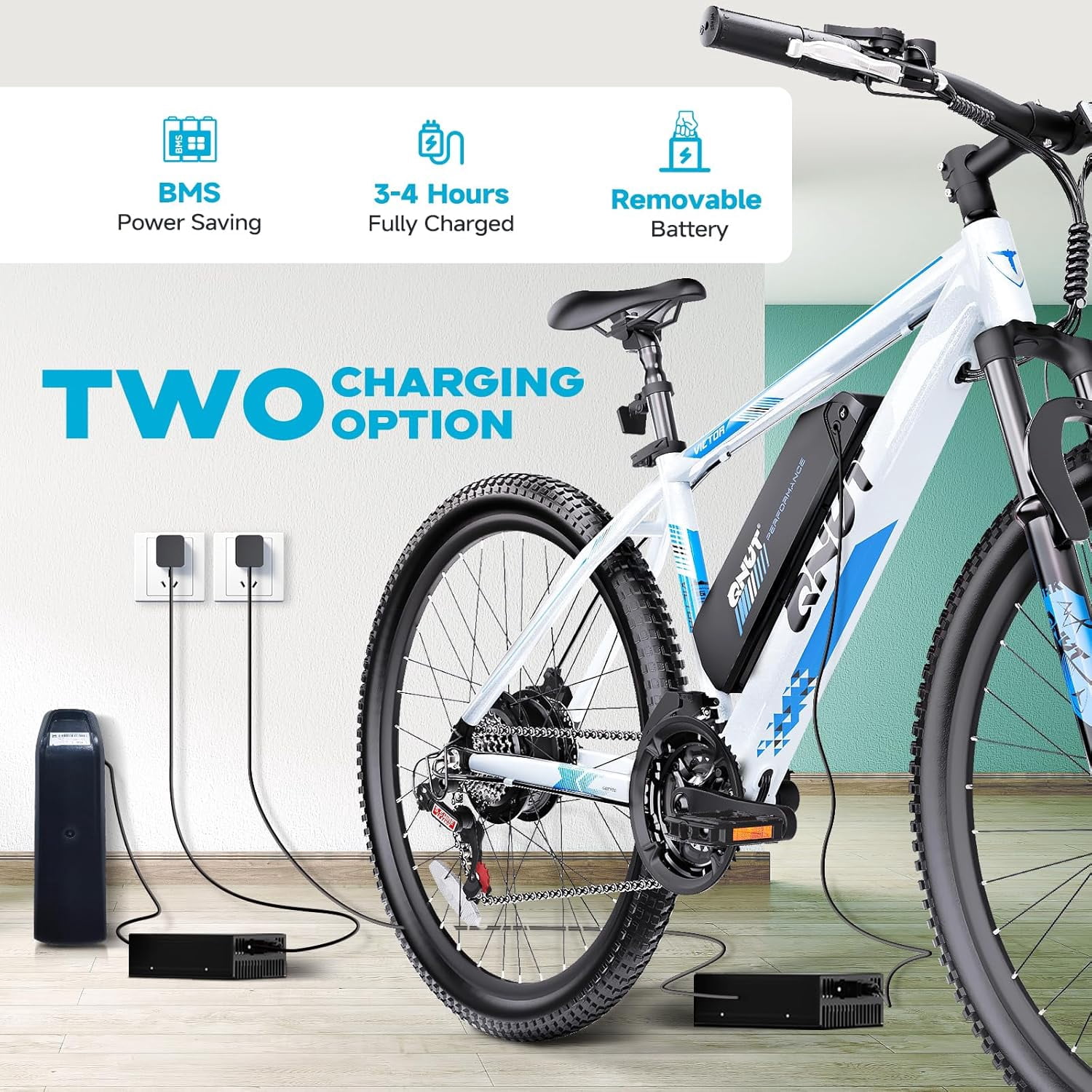 QNUT Victor 3.0 Electric Bike for Adults - 350W, 26 Inch, 21-Speed, 40 Mile Range,3 Modes, Smart LCD, Dual Disc Brakes, UL 2849 Certified Blue-White