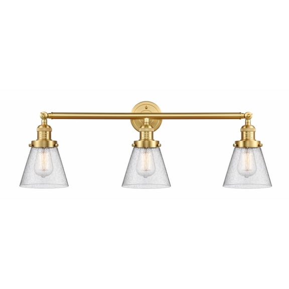 205-SG-G64 Innovations Lighting Cone - 3 Light Bath Vanity In Industrial Style-11 Inches Tall and 30 Inches Wide-Satin Gold Finish-Seedy Glass Color