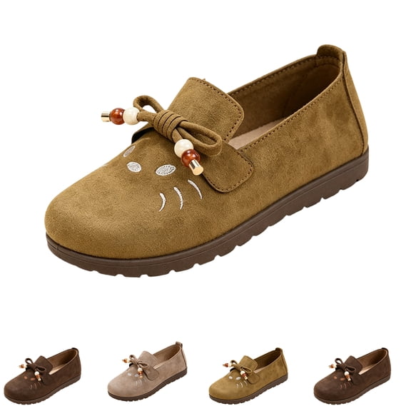 Domzle Women Faux Suede Loafers Slip On Walking Shoes Work Casual Non Slip Lightweight Comfort Beaded Fashion Round Toe Brown