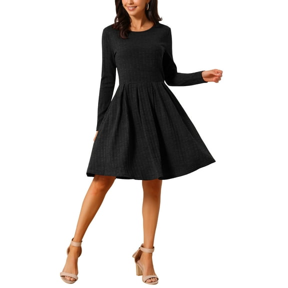 INSPIRE CHIC Women's Long Sleeve Dresses Round Neck Loose A- Line Swing Knee Length Dress with Pockets S Black