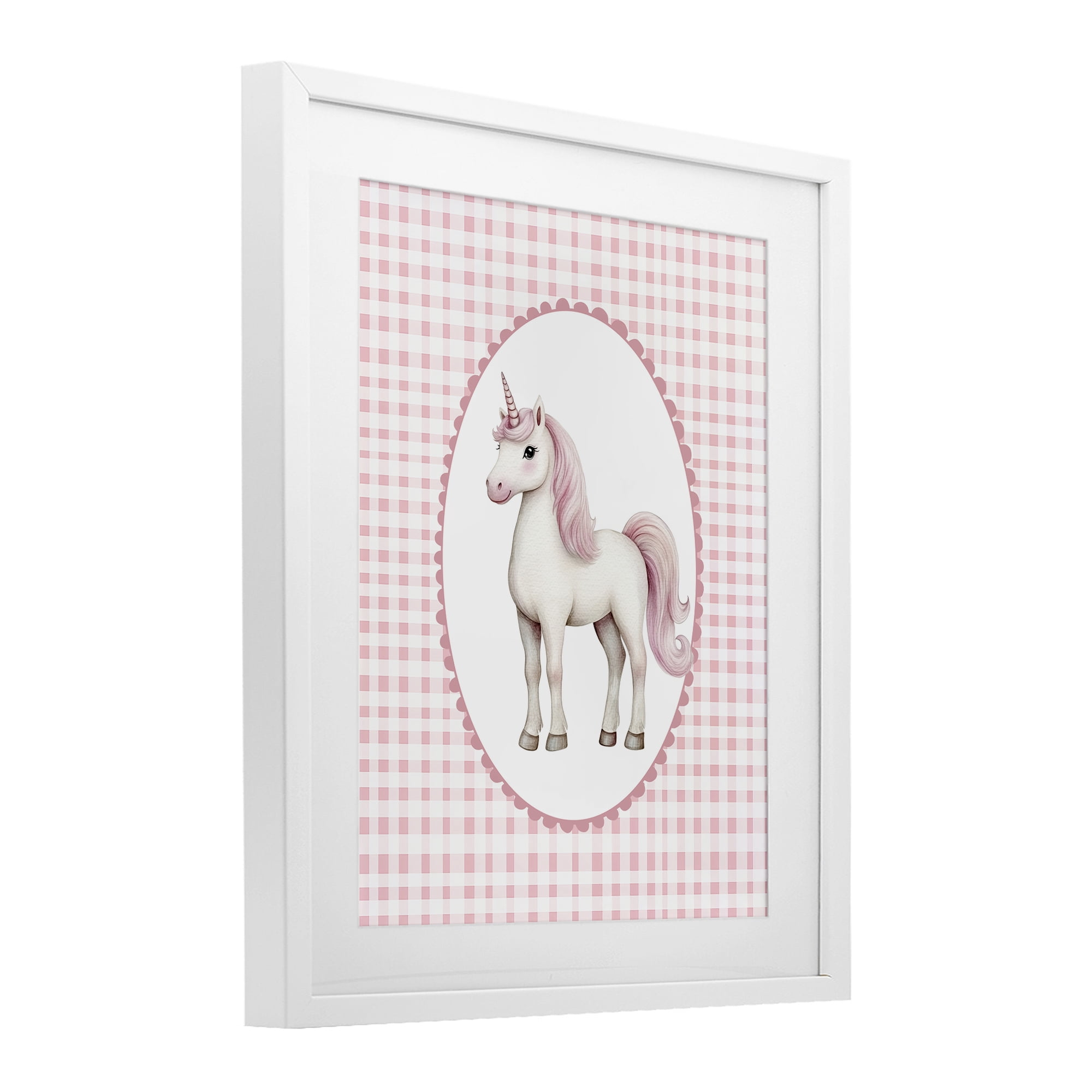 Stupell Industries Pink Gingham Unicorn White Framed Print Under Glass, design by Christine Simpson Art