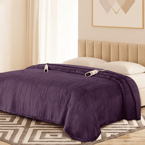 Ocuuziisu Electric Blanket 90" x 100" King Size Heated Blanket, Flannel and Sherpa, 10 Hour Auto-off, 9 Heat Settings, Fast Heating, Machine Washable, Purple