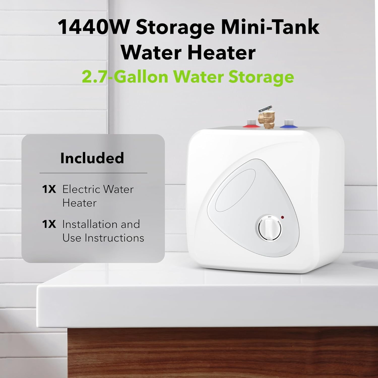 BN-LINK Electric Mini-Tank Water Heater - 2.7 Gallon Small Under Sink Instant Hot Water Heater, 120V 1440W Point of Use Compact Tank for Kitchen, Bathroom, Restaurant - Shelf, Wall, or Floor Mounted