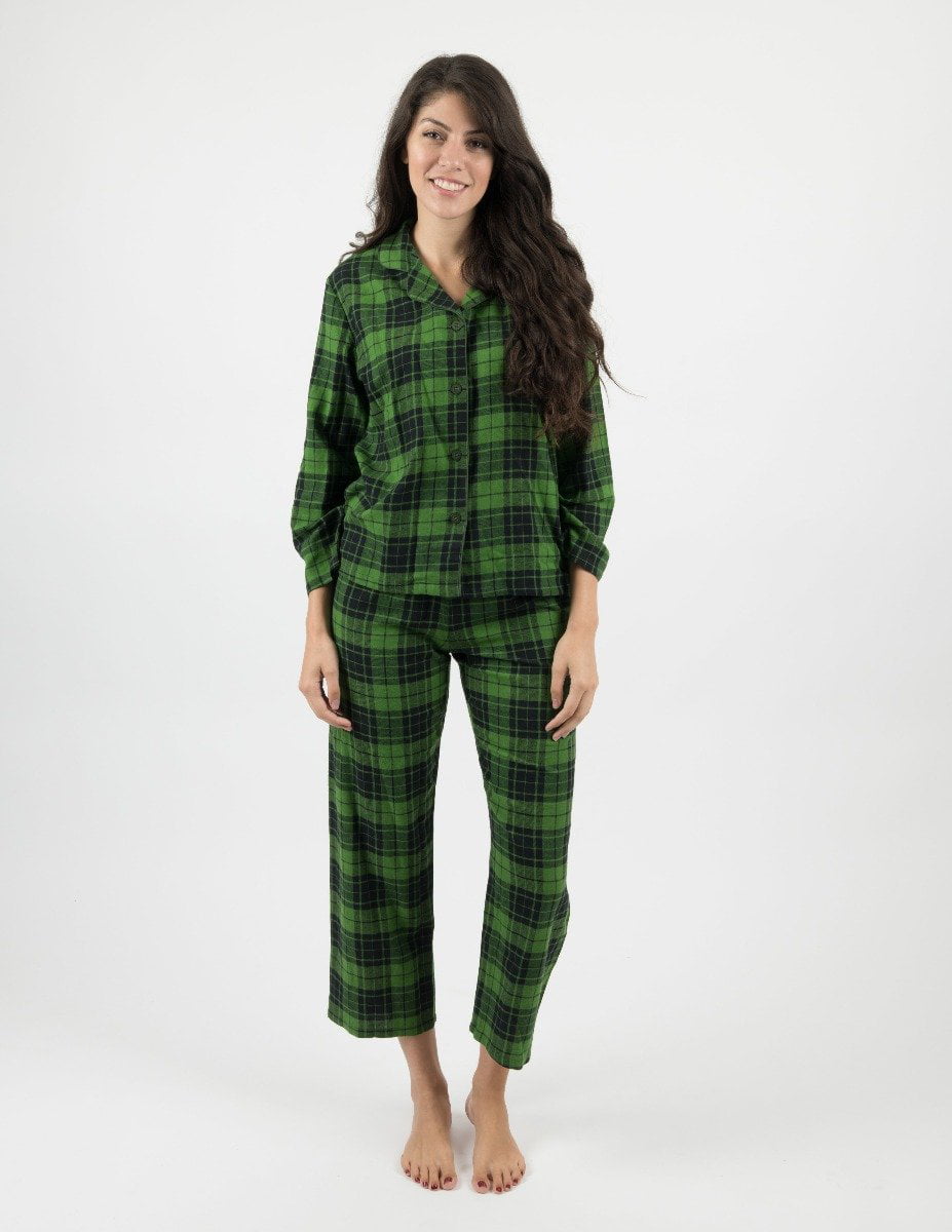 Leveret Womens Two Piece Flannel Pajamas Black & Green Plaid XXL