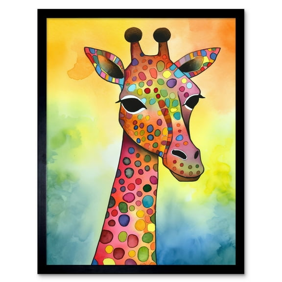 Giraffe With Multicolour Pattern Folk Art Watercolour Painting Art Print Framed Poster Wall Decor 12x16 inch