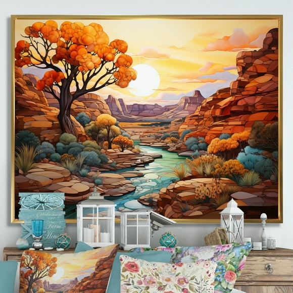 Designart Large Canyon framed wall Art, Bold horizon Canyon Desert I , Canyon framed wall art decor, Orange Traditional Gold framed wall art, 20x12 inches Gold Frame