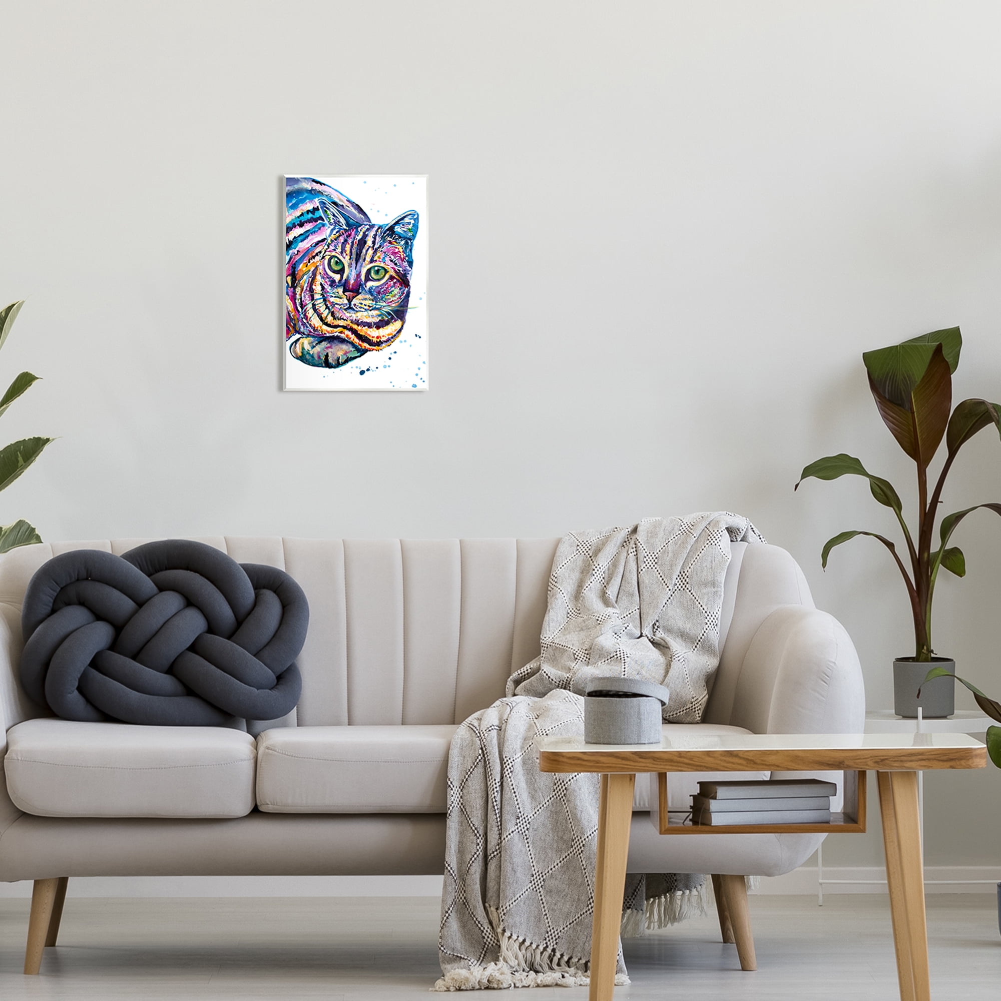 Stupell Fun Striped Rainbow Cat Portrait Animals & Insects Painting Wall Plaque Unframed Art Print Wall Art