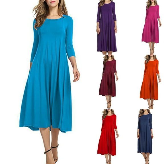 Bovxnpu Long Sleeve Dress for Women, Women Long Sleeve Dress Plus Size Flowy Dress Maxi Dress Fashionable Round Neck Full Skirted Dress Spring Fall Outfits
