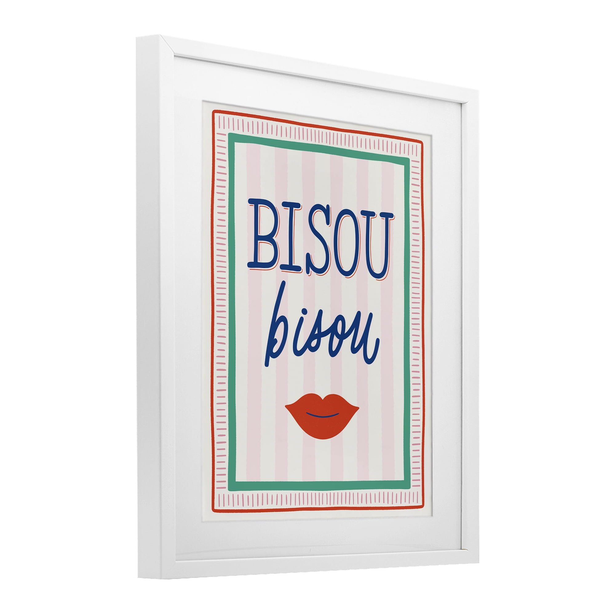 Stupell Industries Bisou Kiss over Stripes White Framed Print Under Glass, design by Jalynn Heerdt