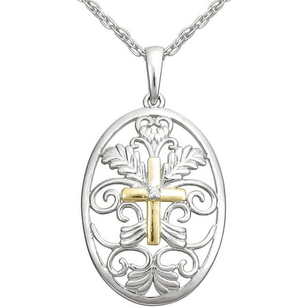 Precious Moments 2-Tone Sterling Silver Cross with Scrollwork Medallion Pendant with Chain, 18
