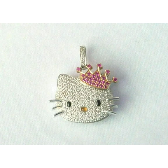 2Ct Round Cut Lab-Created Pink Sapphire Diamond Hello Kitty Pendant 14K White Gold Plated