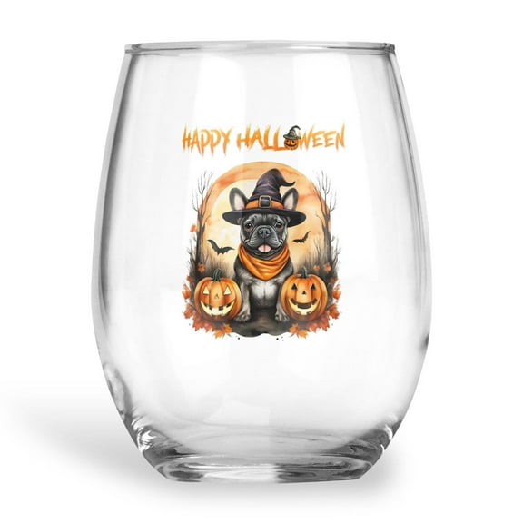 Happy Halloween French Bulldog Witches Hat Pumpkin Carving 15oz Stemless Wine Glass Mug Dog Lover Gifts Wine Glasses Cup - 02019