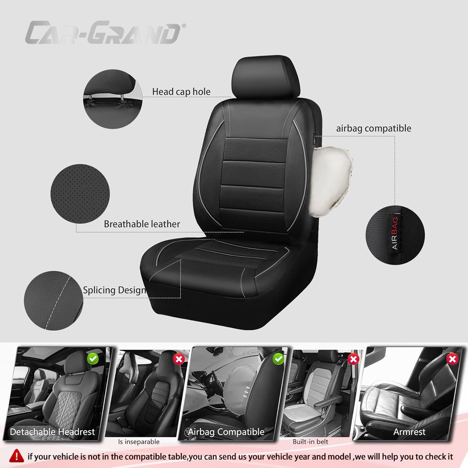 CAR GRAND Faux Leather car seat covers full set breathable universal fit airbag compatible car, SUV, truck and van Gray