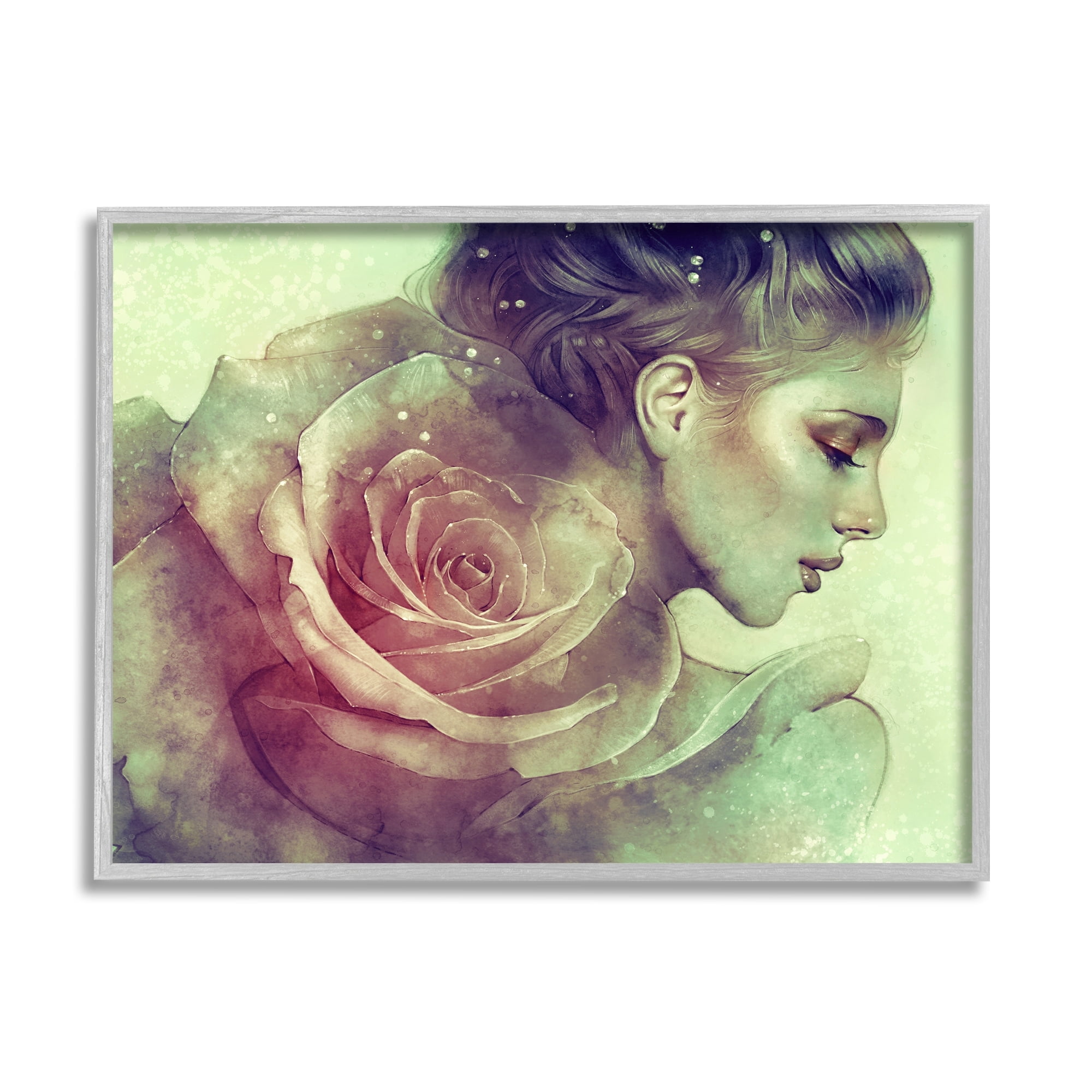 Detailed Woman Portrait Layered Pink Rose Blossom Botanical & Floral Painting Framed Art Print Wall Art