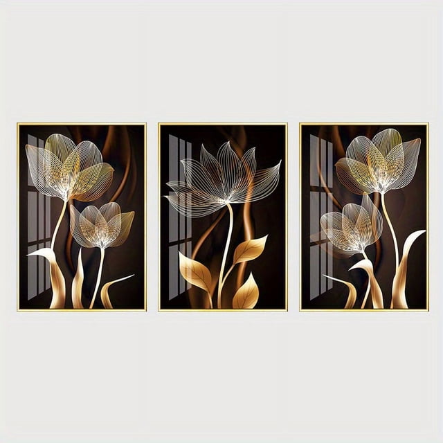 Modern Abstract Black Golden Flower Luxury Wall Art Canvas Painting Art, 3pcs , For Living Room Cuadros Decor, No Frame, 15.7*23.6in/40cm*60cm