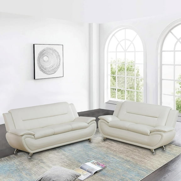2 Piece Living Room Furniture Set, Leather Sofa Set for Living Room, Modern Couch Set with 3-Seater Sofa, Loveseat (Cream White)