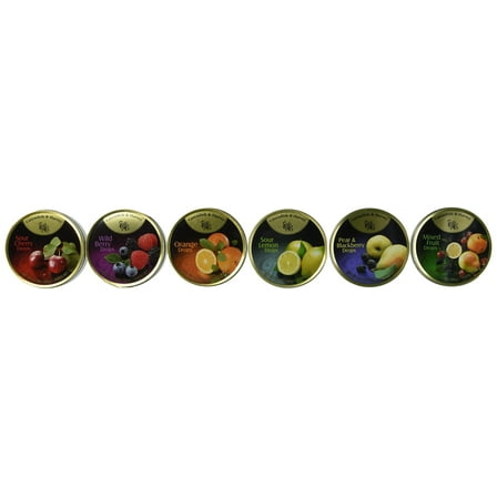 Cavendish & Harvey 6 Pack Variety Flavor Hard Candy Drops | Sour Cherry, Wild Berry, Orange, Sour Lemon, Pear & Blackberry, Mixed Fruit | 5.3 Ounce Tins