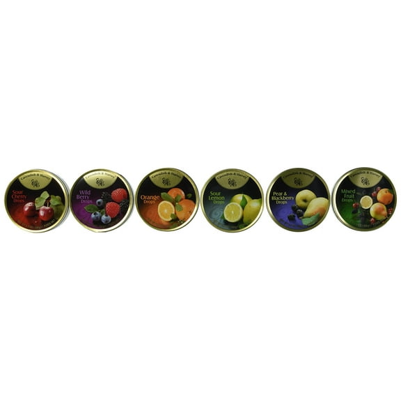 Cavendish & Harvey 6 Pack Variety Flavor Hard Candy Drops | Sour Cherry, Wild Berry, Orange, Sour Lemon, Pear & Blackberry, Mixed Fruit | 5.3 Ounce Tins