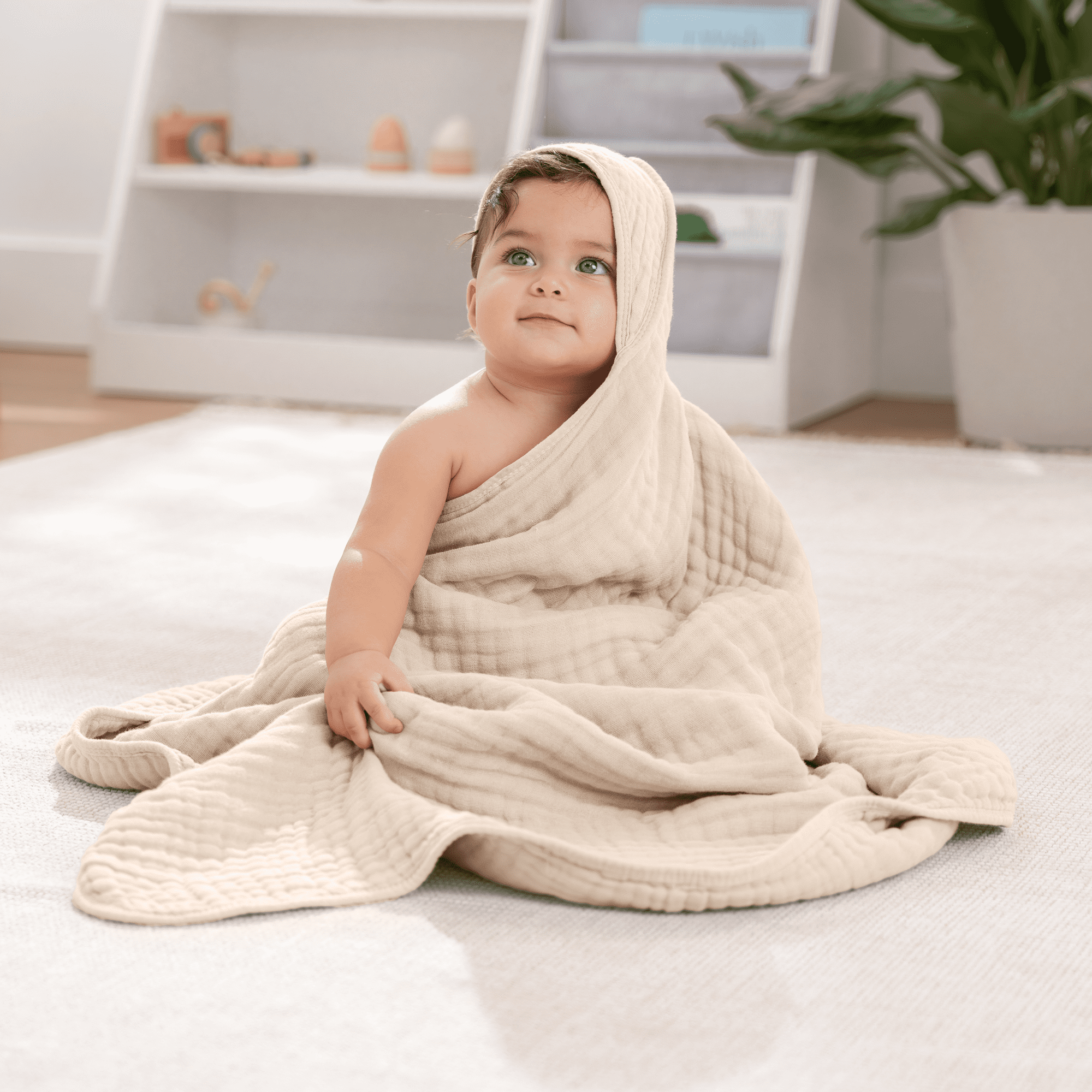 Comfy Cubs Hooded Baby Towels 2-Pack, Large 32" x 32" - 6 Layer, 100% Muslin Cotton, Cedar and Sand