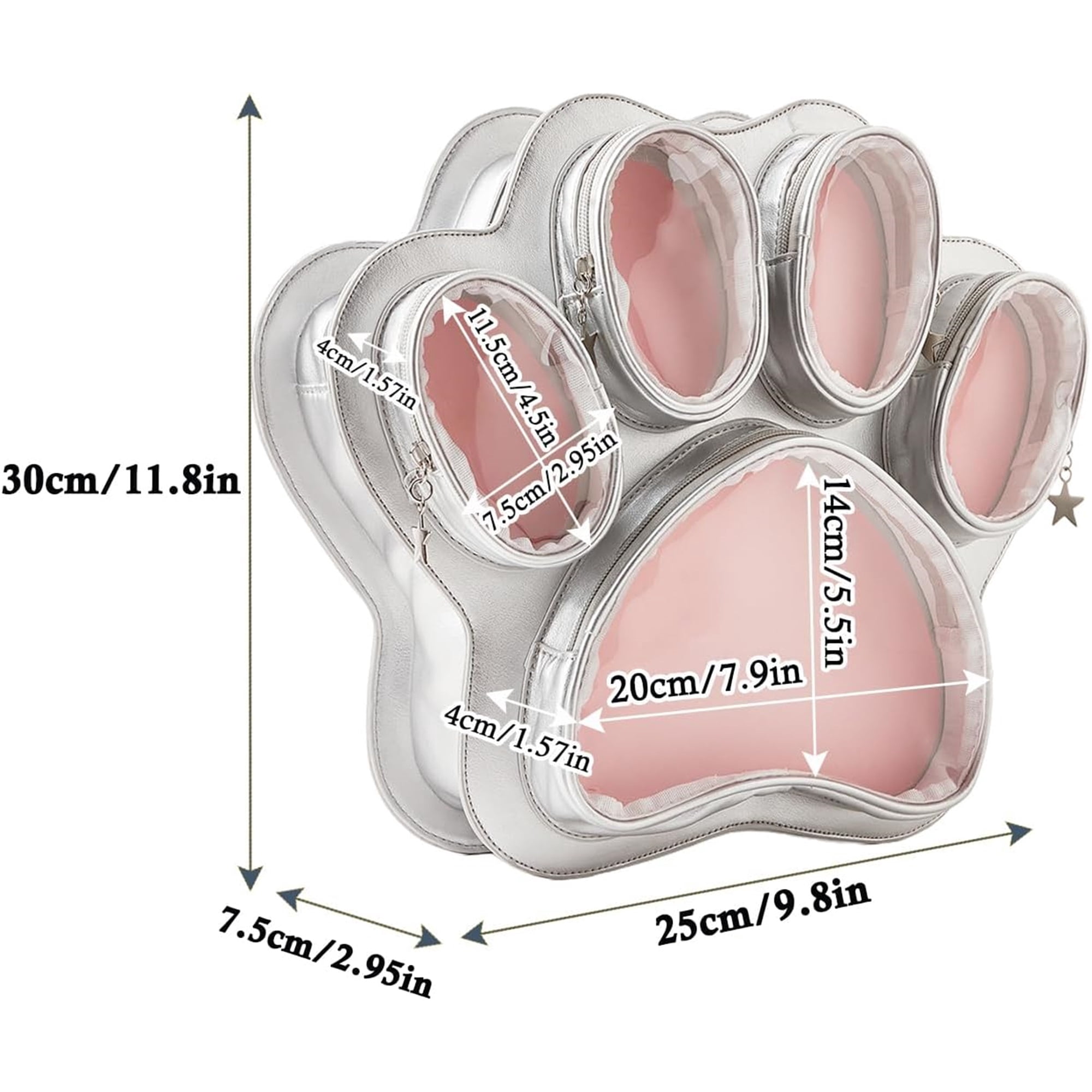 SQDWYGUO Cat Paw Ita Bag Kawaii Cute Backpack Ita Display Backpack with Clear Pocket Pretty Aesthetic Crossbody Shoulder Bag,Silver pink